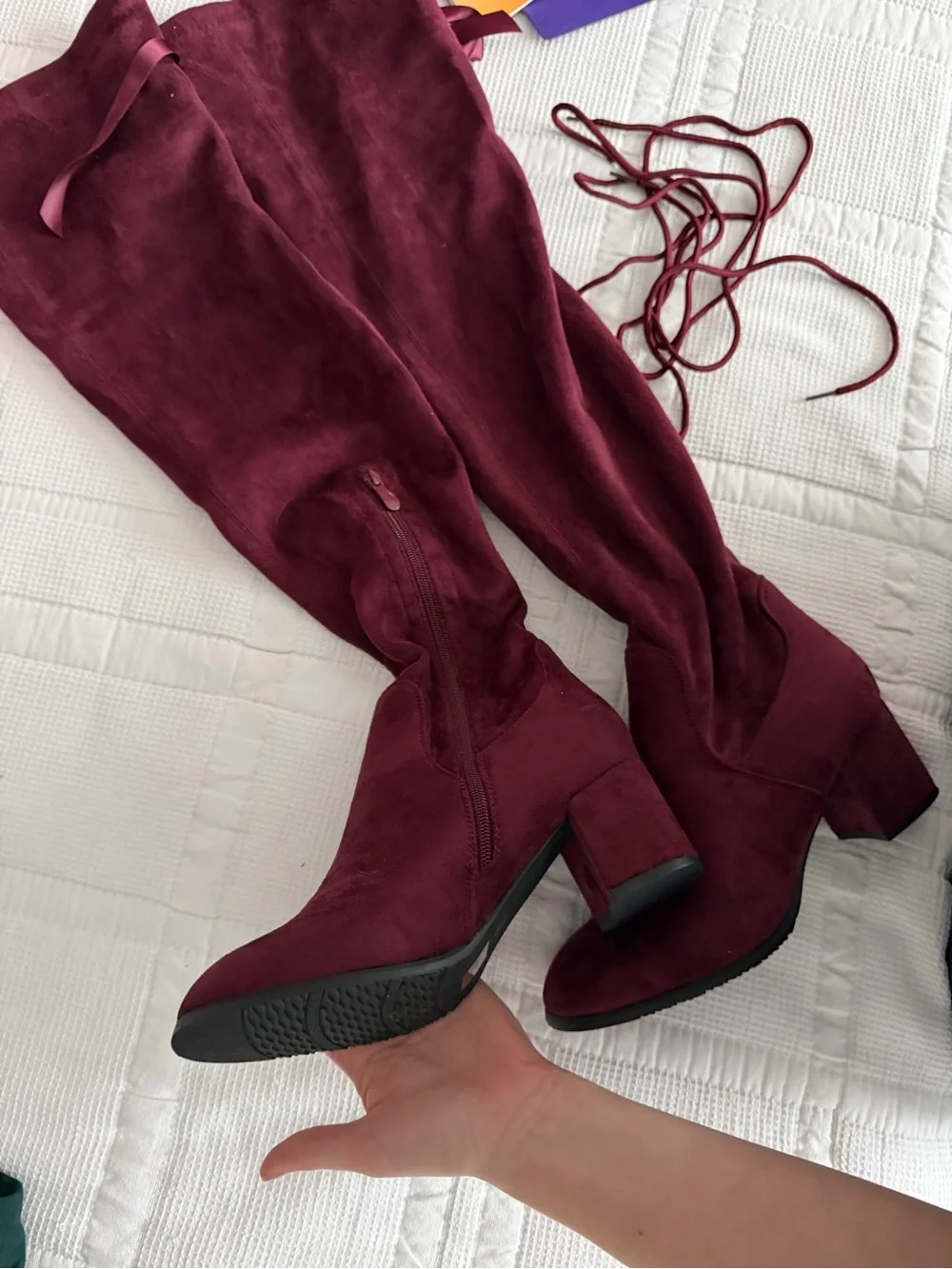 Laurence Faux Suede Over-the-Knee Boots Lace Back US 9 Burgundy Zip Closure